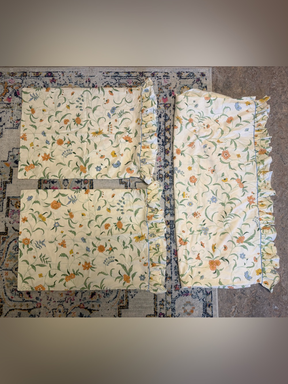 NEW vintage martex floral bedding queen top sheet pillowcases ruffle multicolor